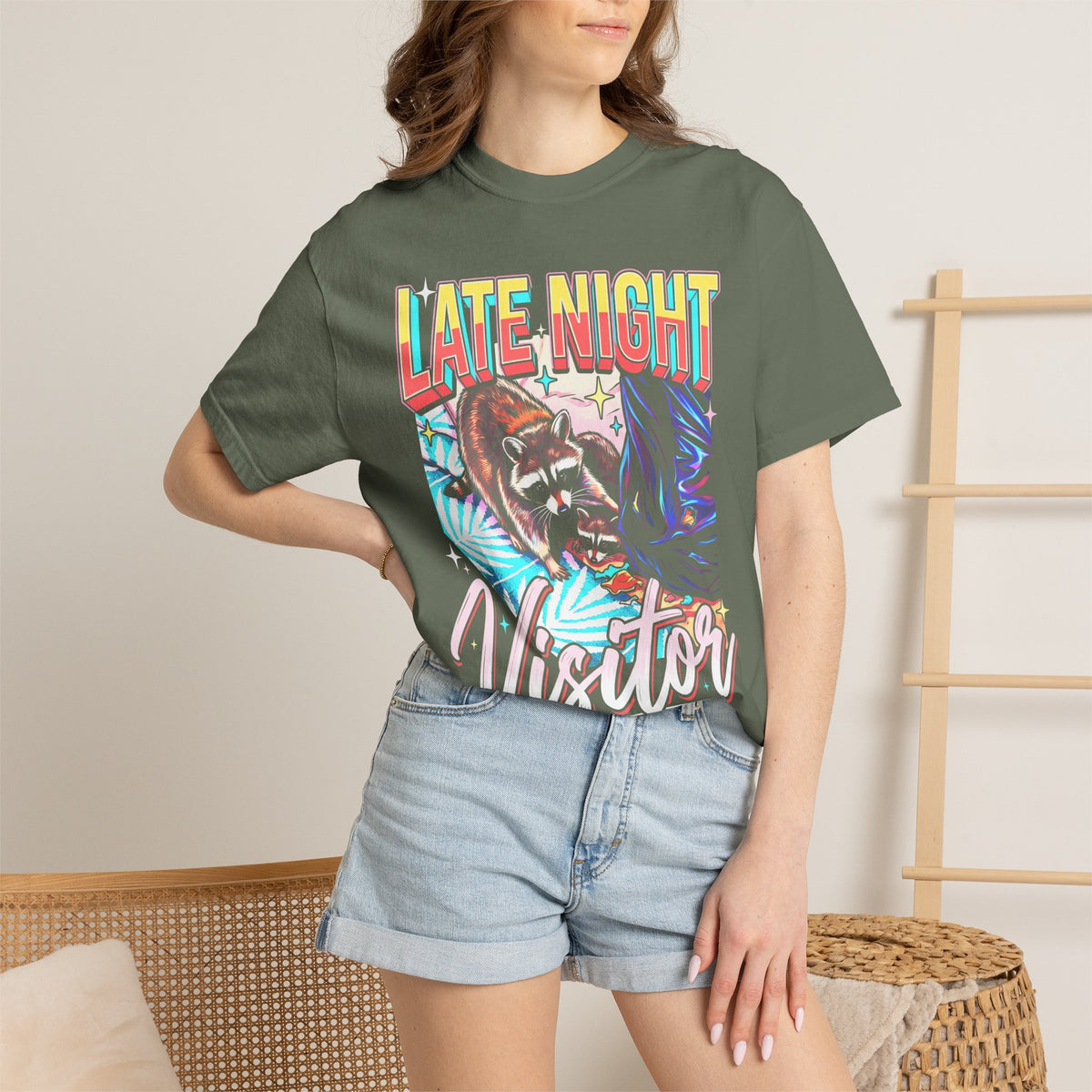 Late Night Visitor Raccoon Classic Tee | Retro Neon | Vintage