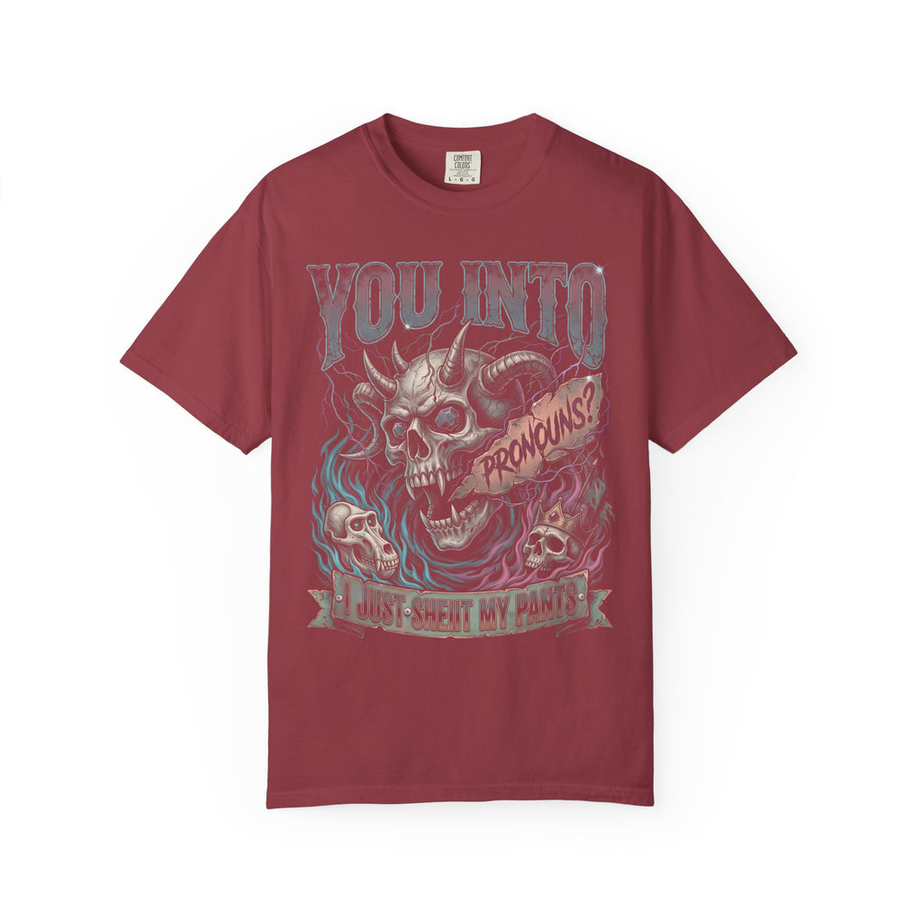 You Into Pronouns Classic Tee | Demon Skull | Metal Horror