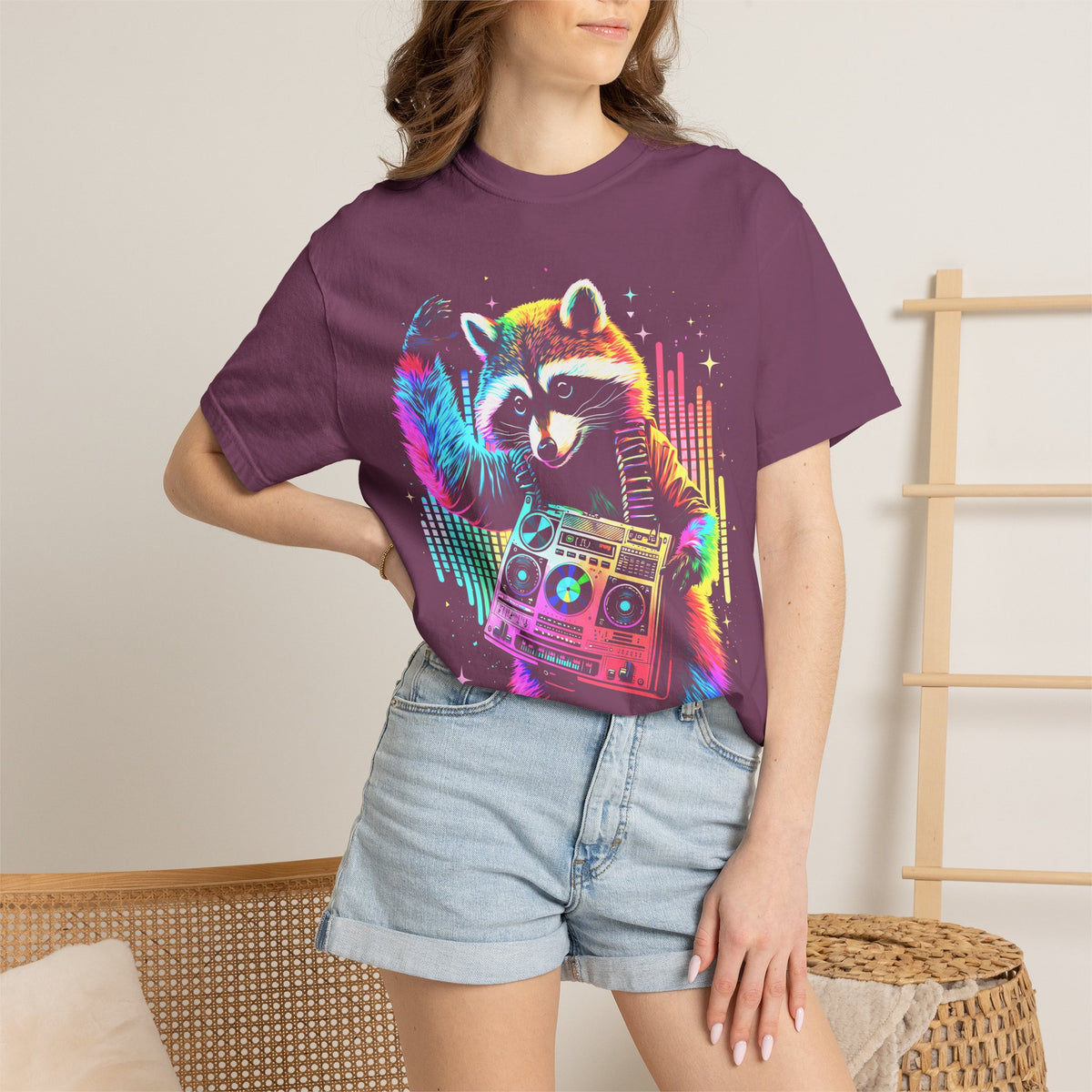 Neon DJ Raccoon Classic Tee | Synthwave Retro | Music Gift