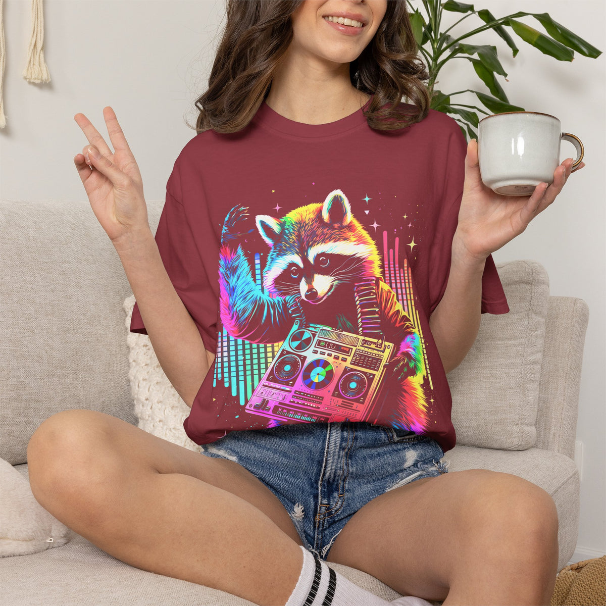 Neon DJ Raccoon Classic Tee | Synthwave Retro | Music Gift