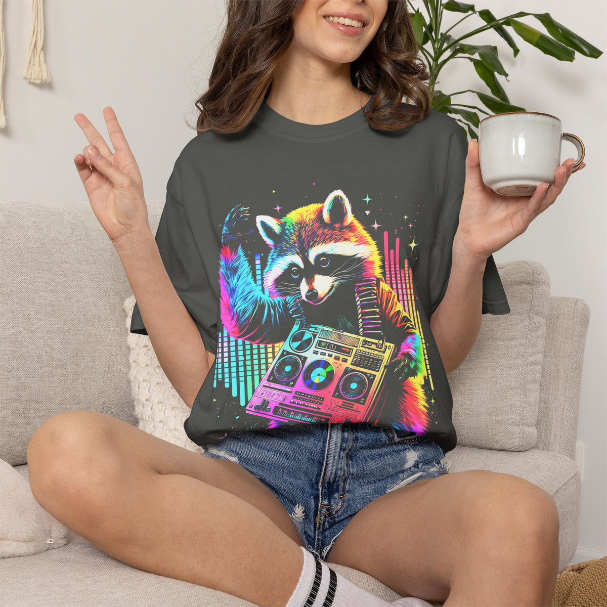 Neon DJ Raccoon Classic Tee | Synthwave Retro | Music Gift