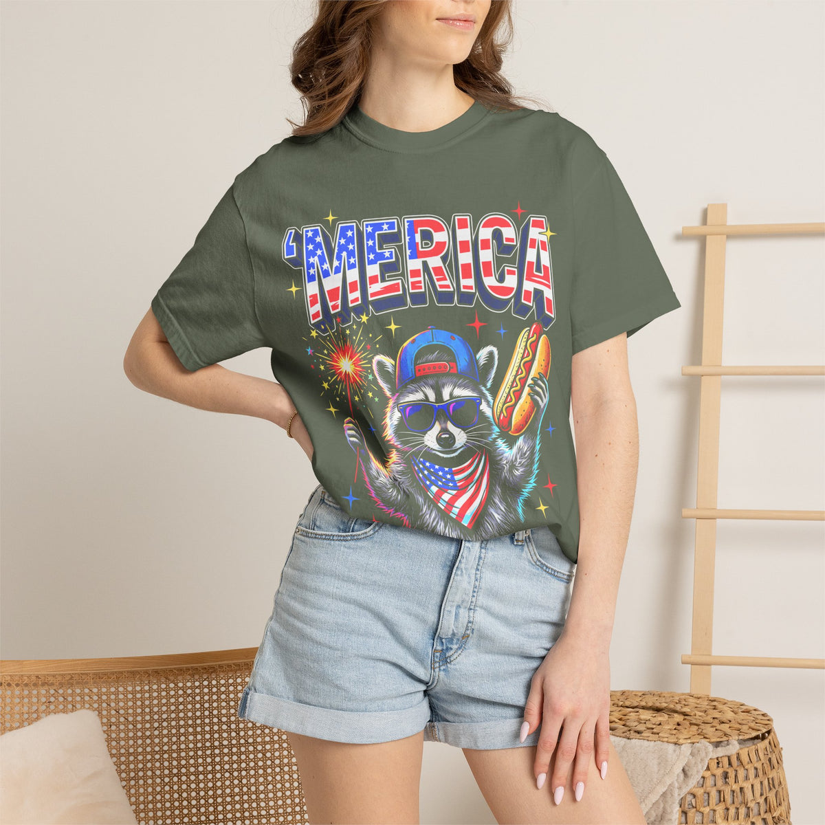Merica Patriotic Raccoon Classic Tee | 4th Of July | USA Flag