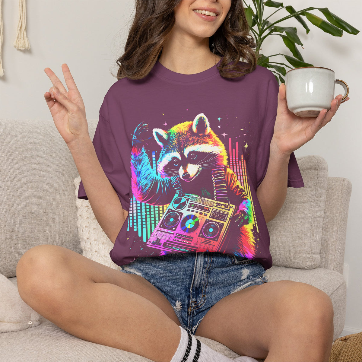 Neon DJ Raccoon Classic Tee | Synthwave Retro | Music Gift