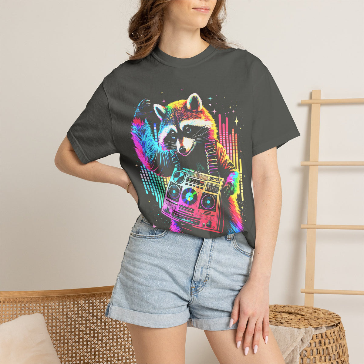 Neon DJ Raccoon Classic Tee | Synthwave Retro | Music Gift