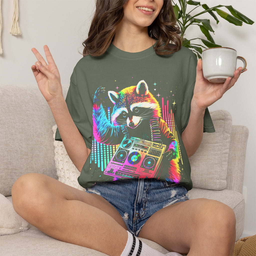 Neon DJ Raccoon Classic Tee | Synthwave Retro | Music Gift