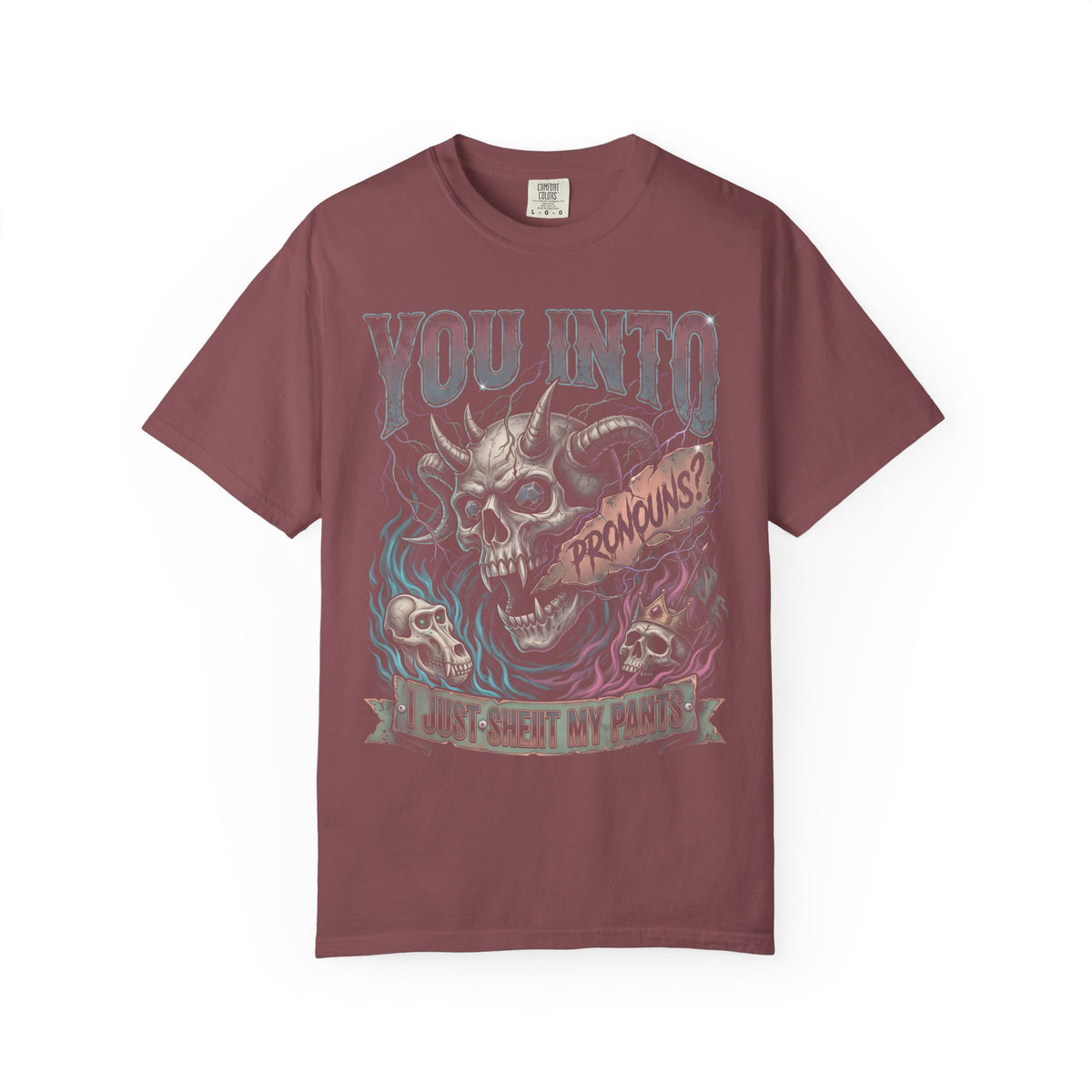 You Into Pronouns Classic Tee | Demon Skull | Metal Horror