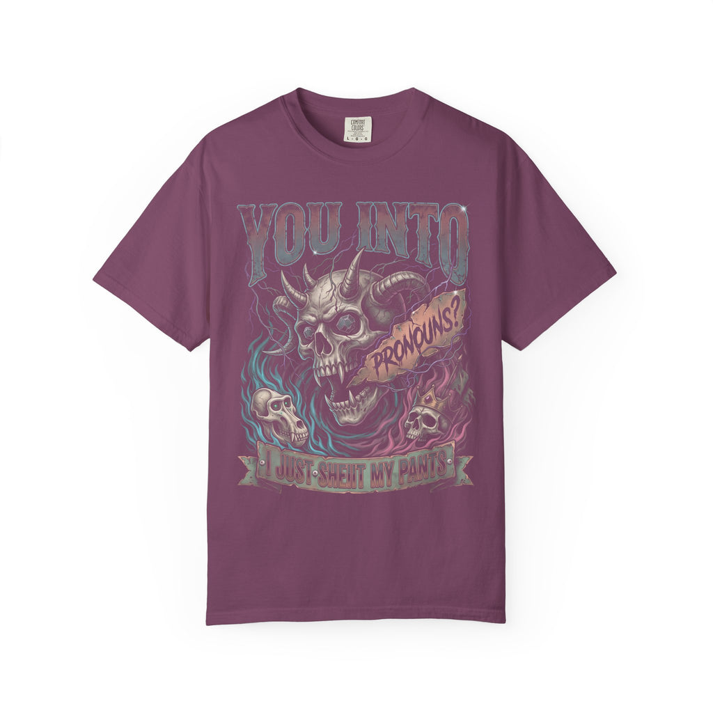 You Into Pronouns Classic Tee | Demon Skull | Metal Horror