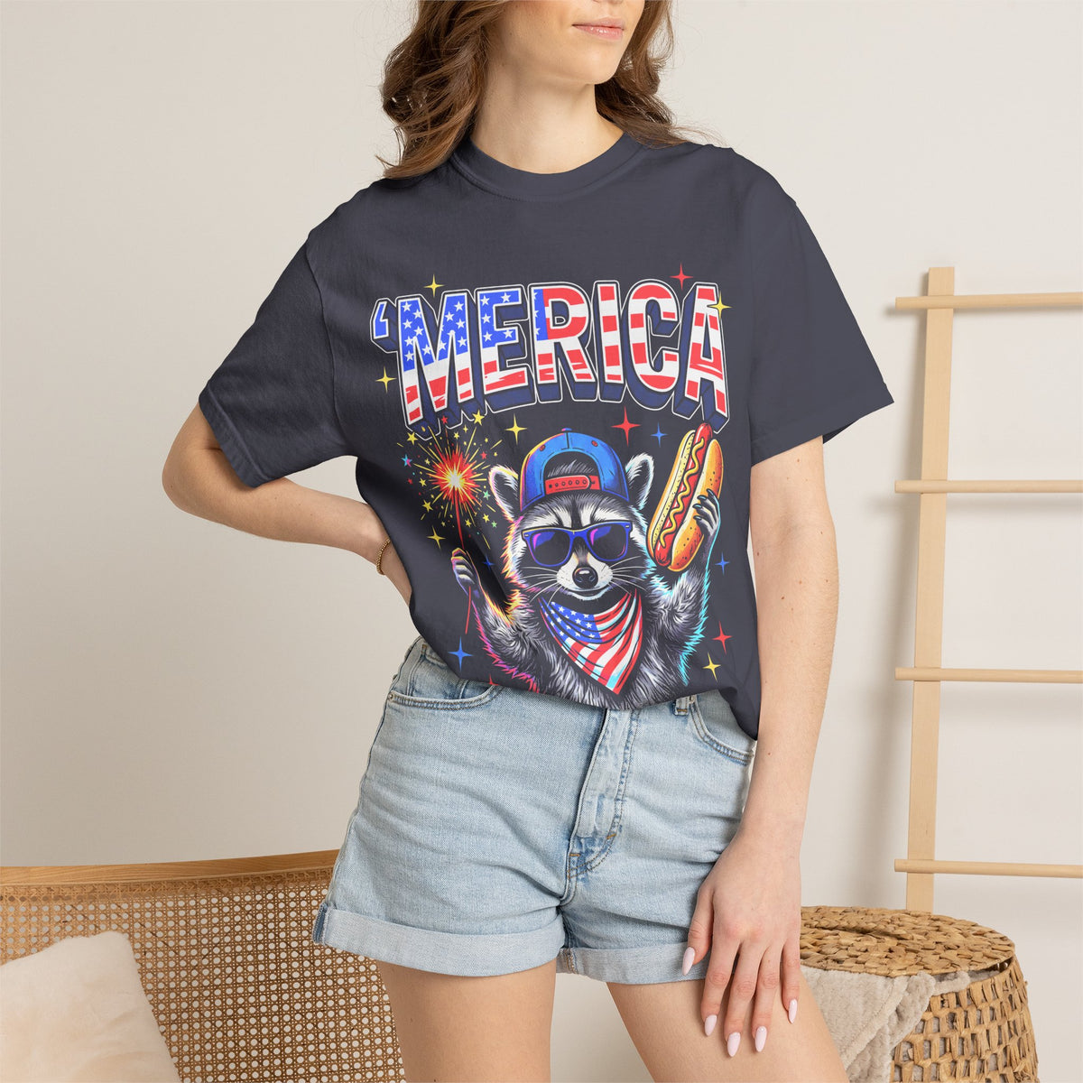 Merica Patriotic Raccoon Classic Tee | 4th Of July | USA Flag