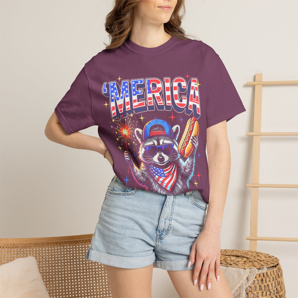 Merica Patriotic Raccoon Classic Tee | 4th Of July | USA Flag