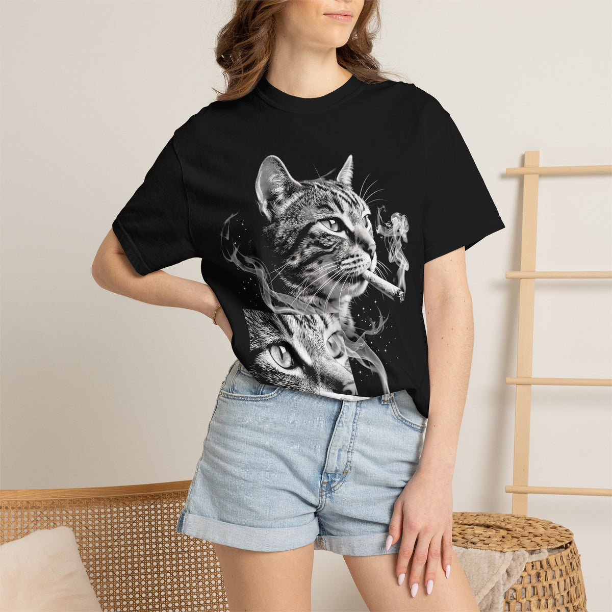 Cosmic Smoking Cat Classic Tee | Noir Space Art | Vintage Smoke