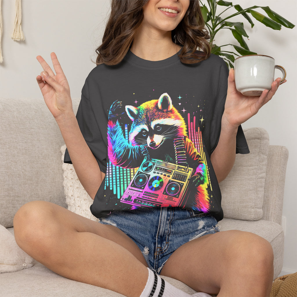 Neon DJ Raccoon Classic Tee | Synthwave Retro | Music Gift