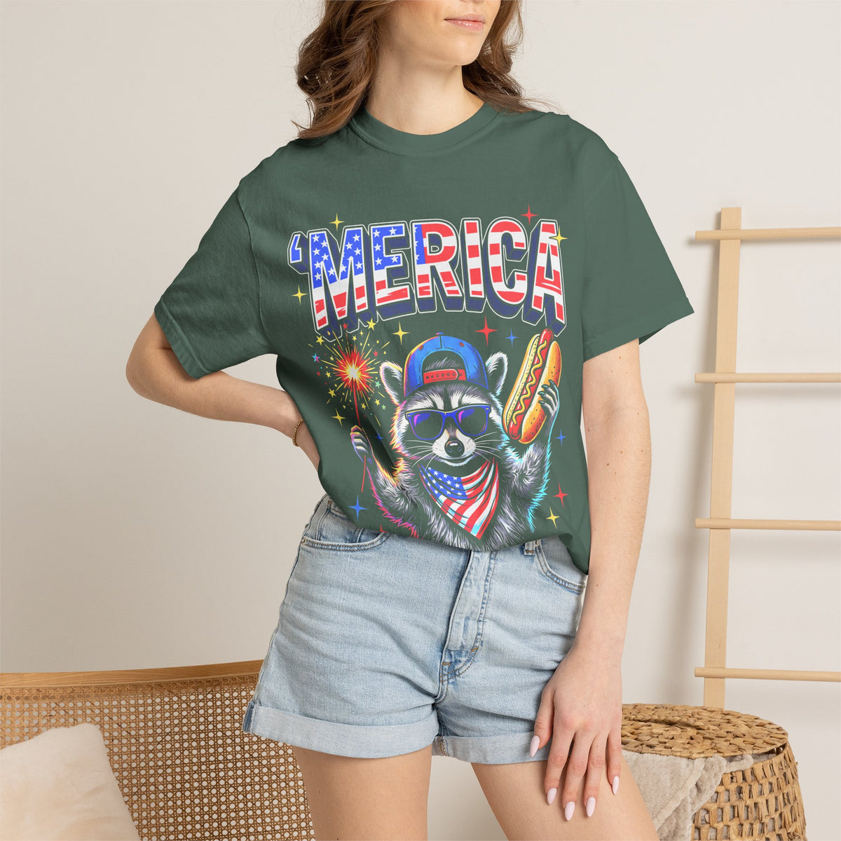 Merica Patriotic Raccoon Classic Tee | 4th Of July | USA Flag