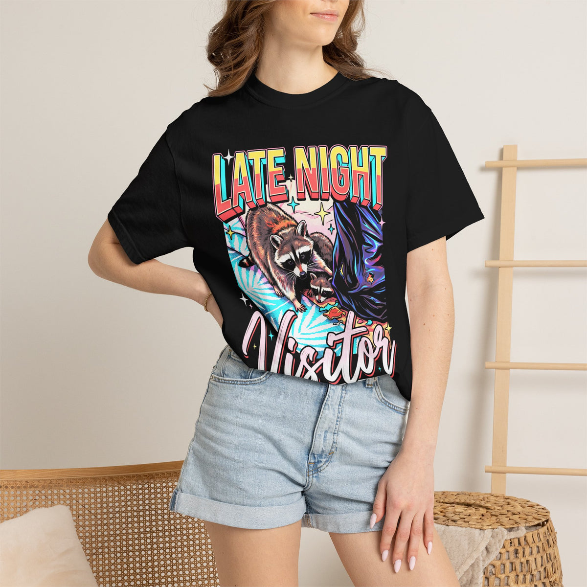 Late Night Visitor Raccoon T-Shirt - Retro Neon Vintage Graphic Tee
