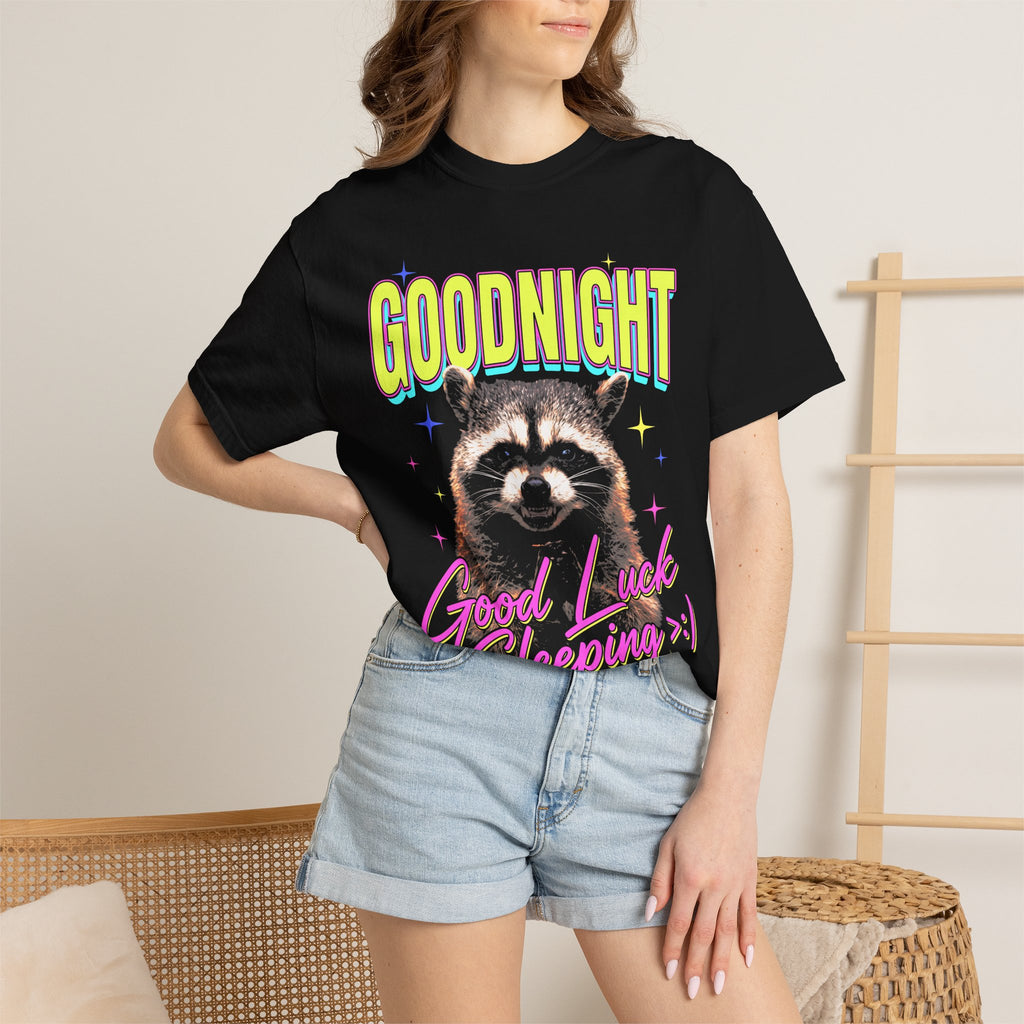 Goodnight Good Luck Sleeping T-Shirt - Vintage Raccoon Neon Graphic Tee