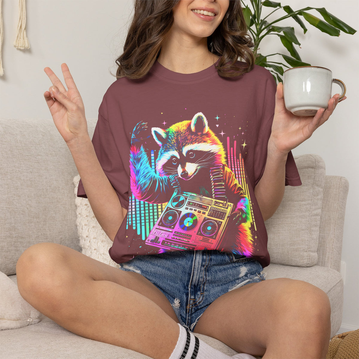 Neon DJ Raccoon Classic Tee | Synthwave Retro | Music Gift