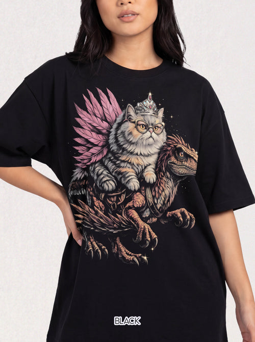 Cat Riding Raptor Classic T-Shirt | Fantasy Dinosaur Graphic Tee