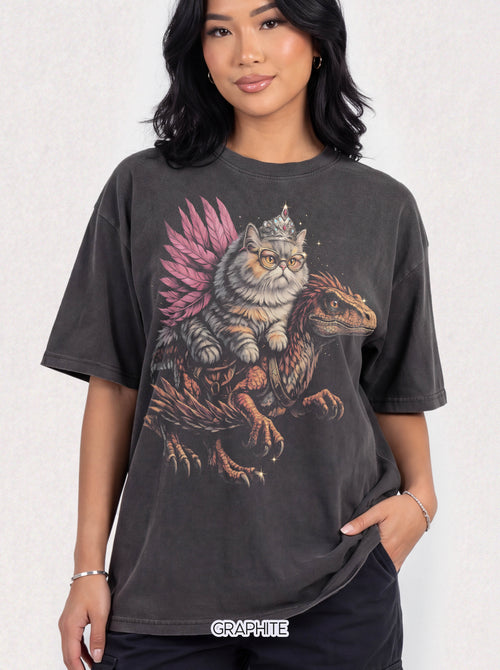 Cat Riding Raptor Classic Tee | Fantasy Dinosaur | Vintage Magic