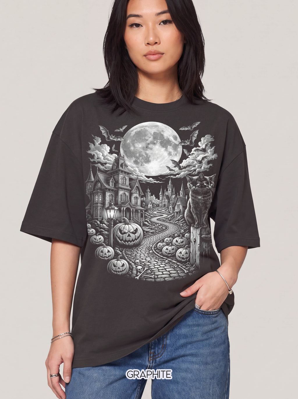 Halloween Haunted House Classic Tee | Spooky Black Cat Moon