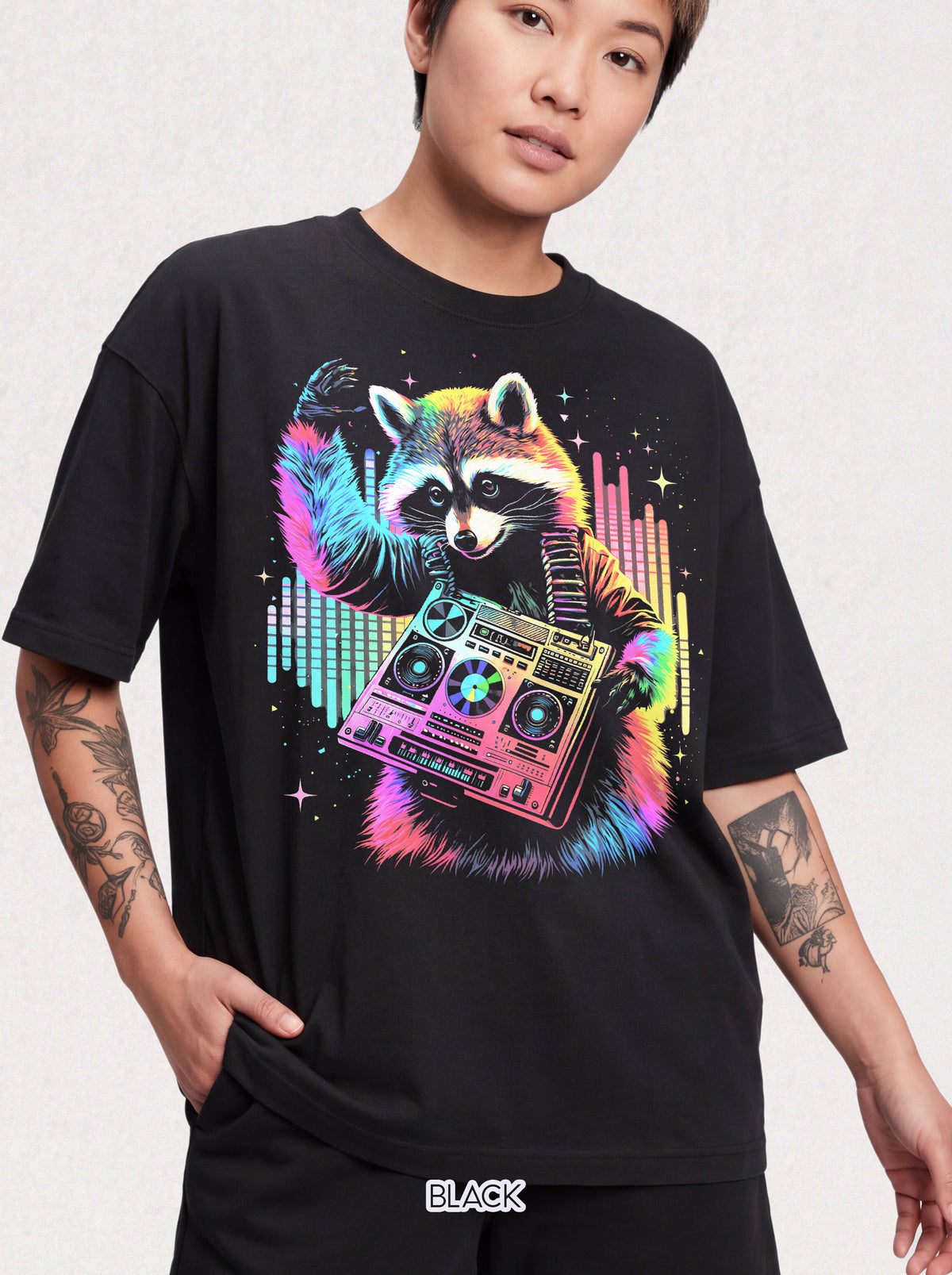 Neon DJ Raccoon T-Shirt - Synthwave Retro Music Graphic Tee