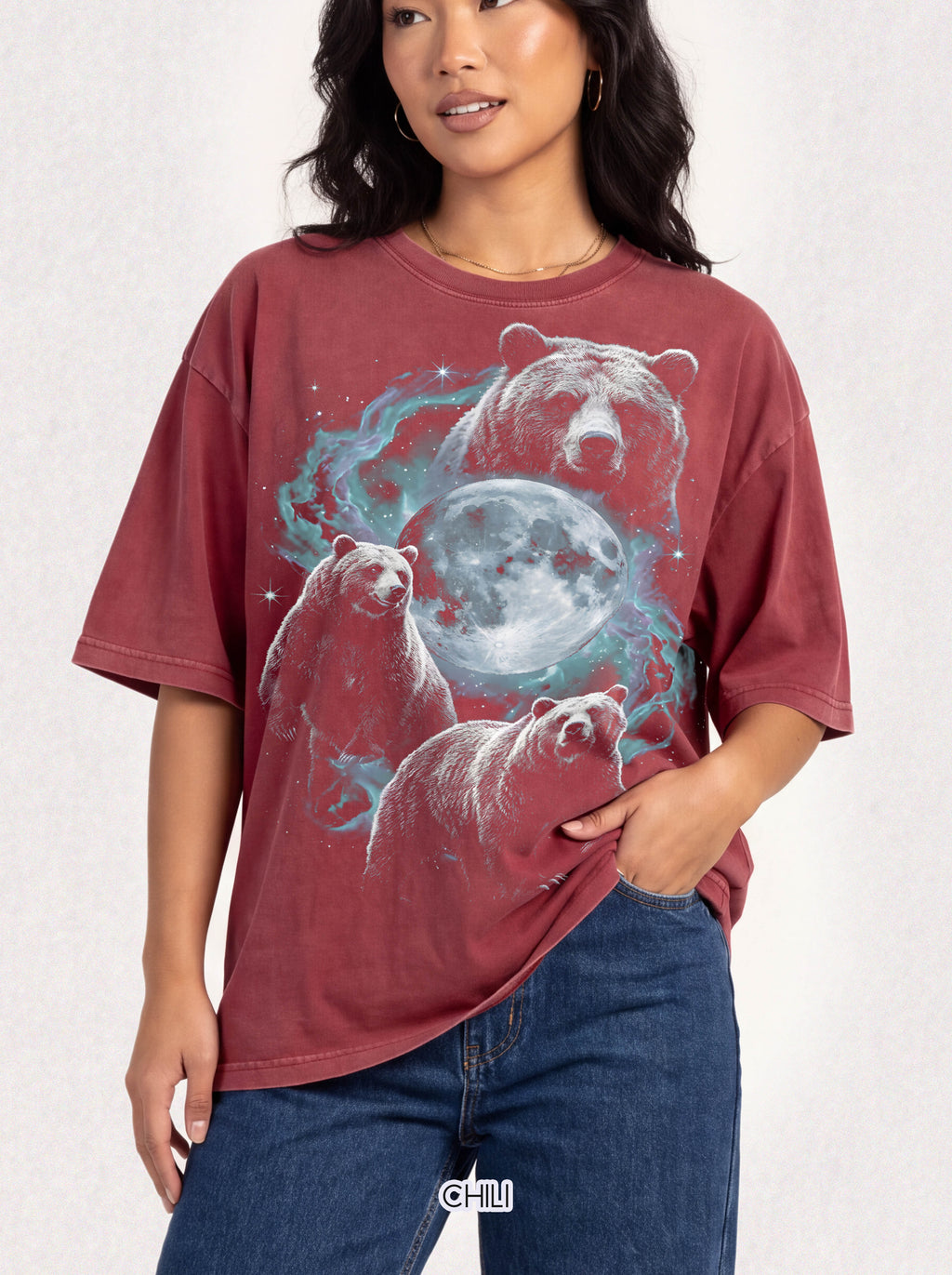 Three Grizzly Bears Classic Tee | Cosmic Full Moon Galaxy