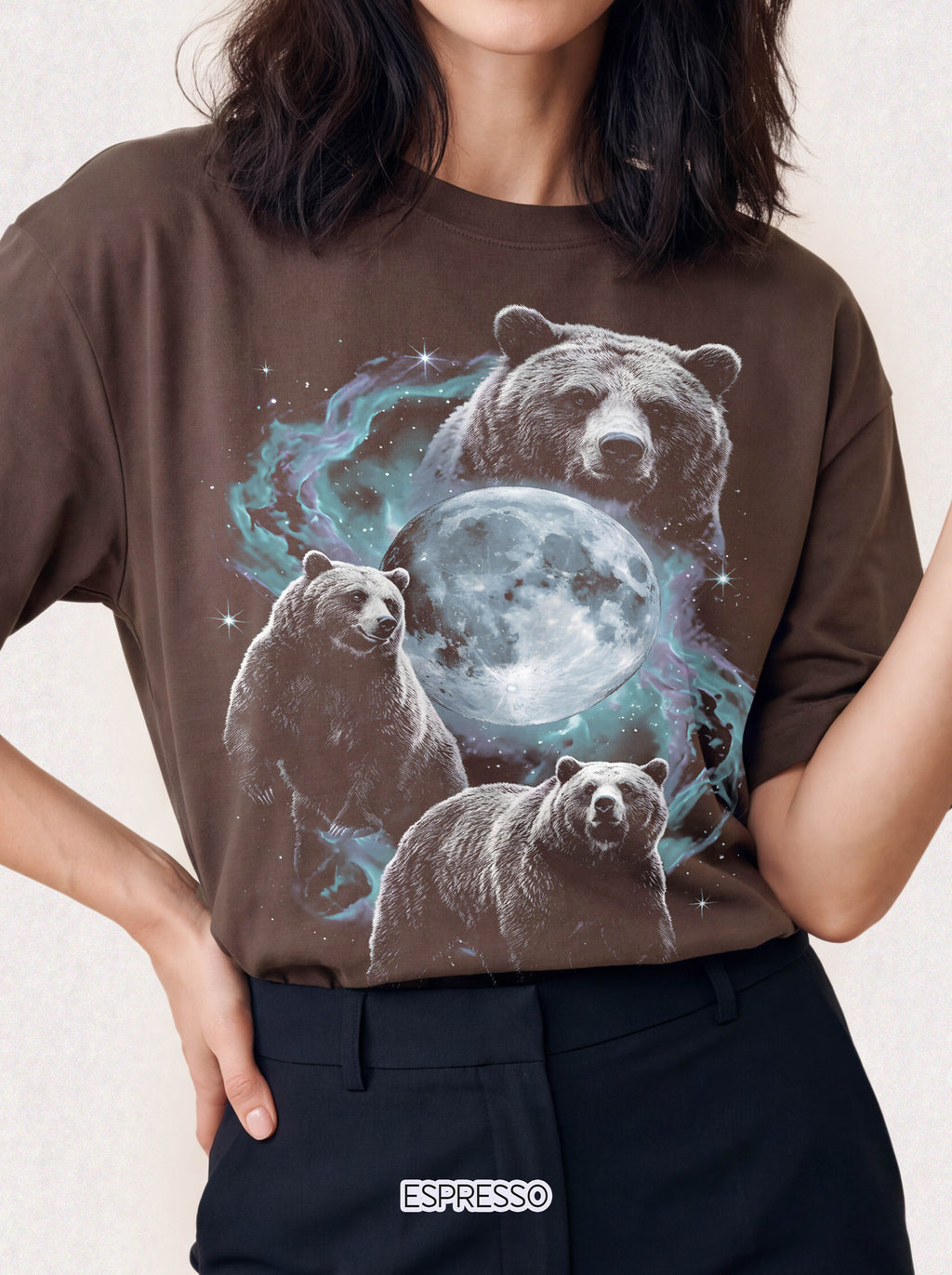 Three Grizzly Bears Classic Tee | Cosmic Full Moon Galaxy